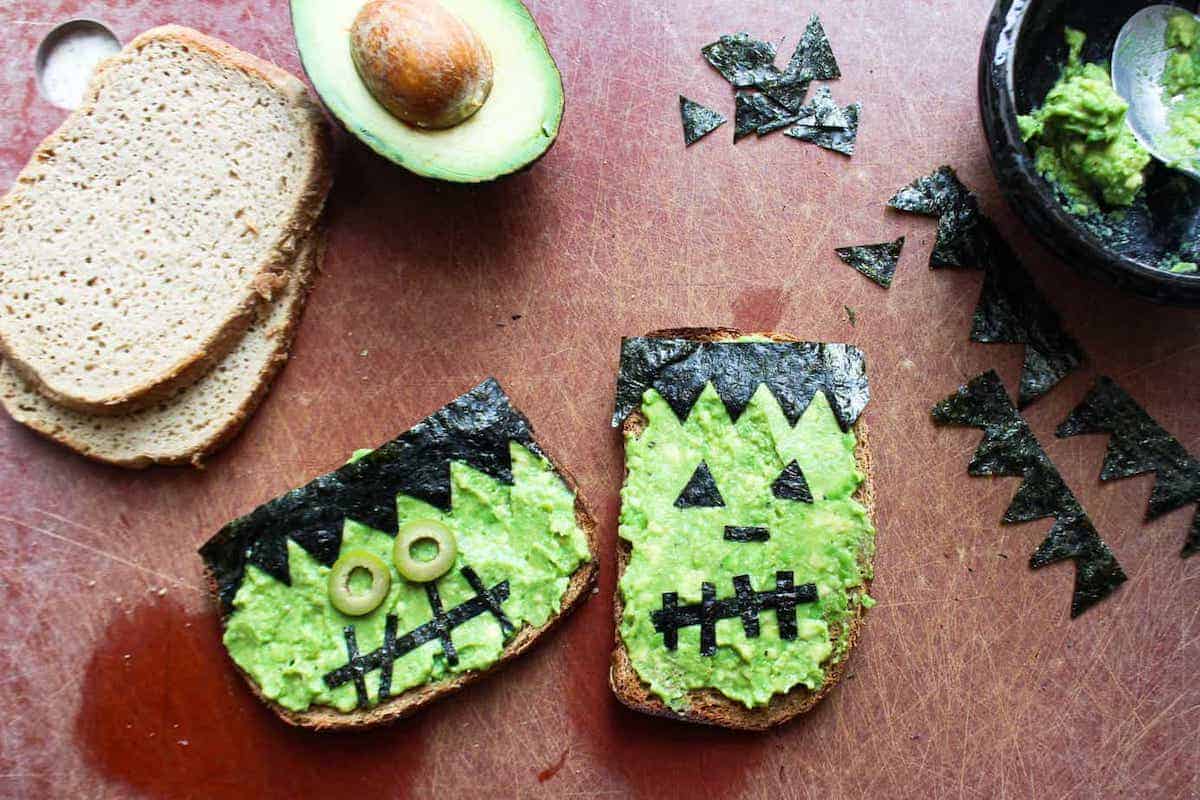 2 pieces of Frankenstein-themed green monster toasted bread.