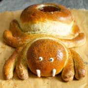 Close-up of a spider-shaped bread.