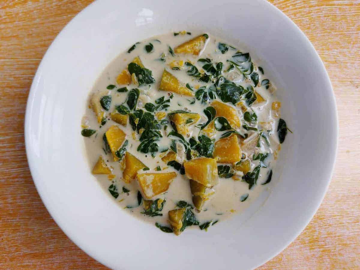An overhead shot of Japanese pumpkin and coconut stew.