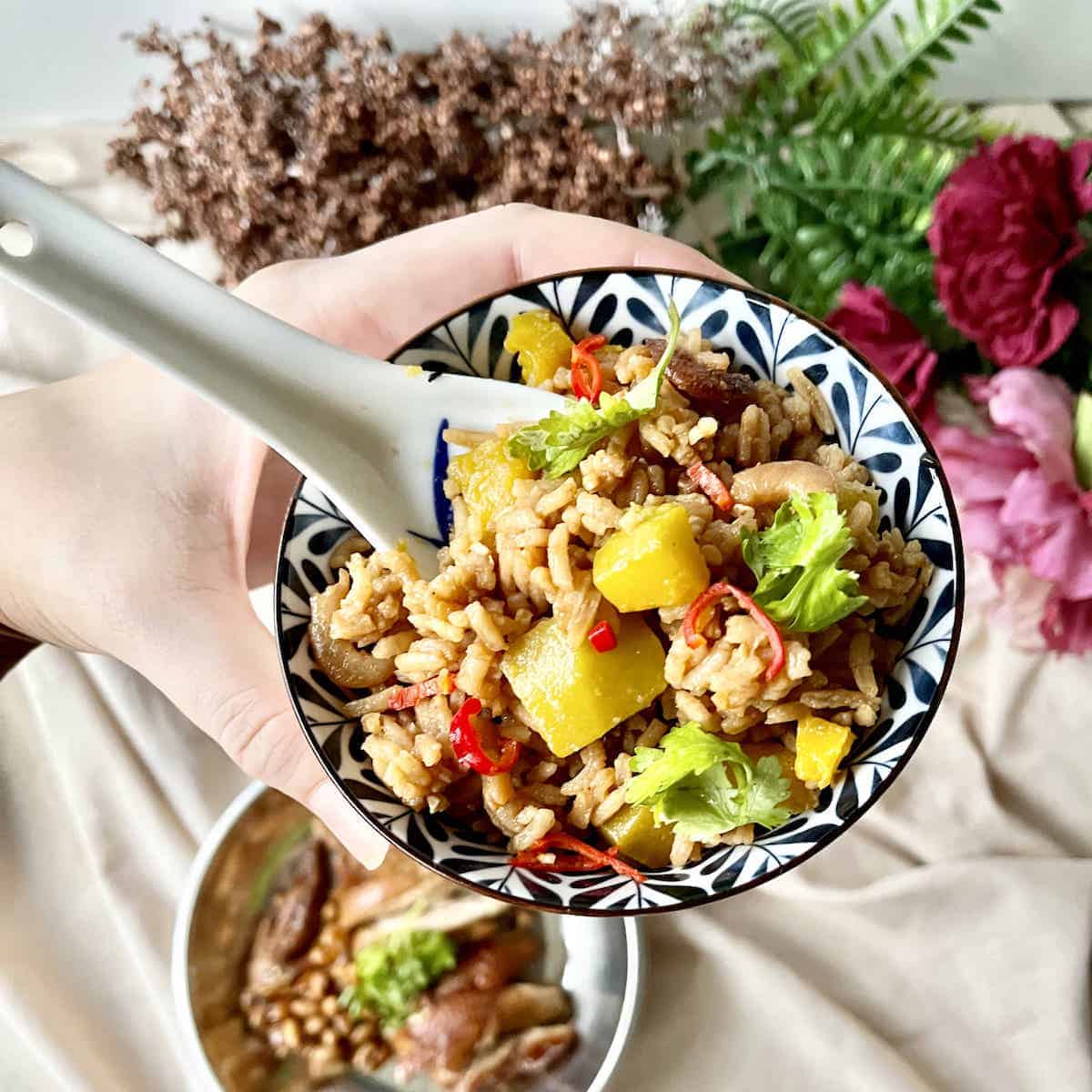 Close-up of a bowl of brown coloured rice with pumpkin cubes, red chili, coriander and dried prawns.