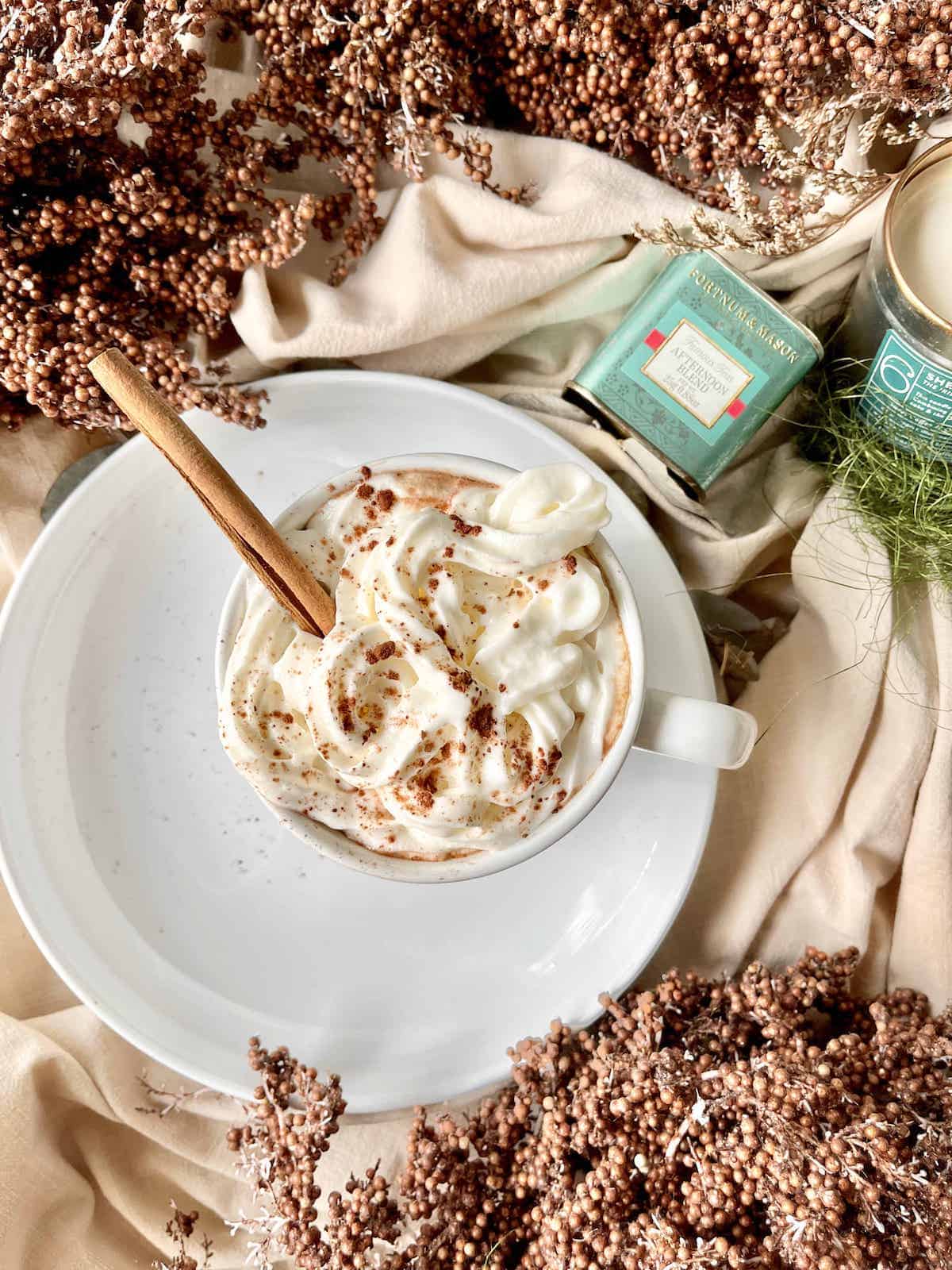 Overhead shot of a cup of hot chocolate with Chai spices and whipped cream.