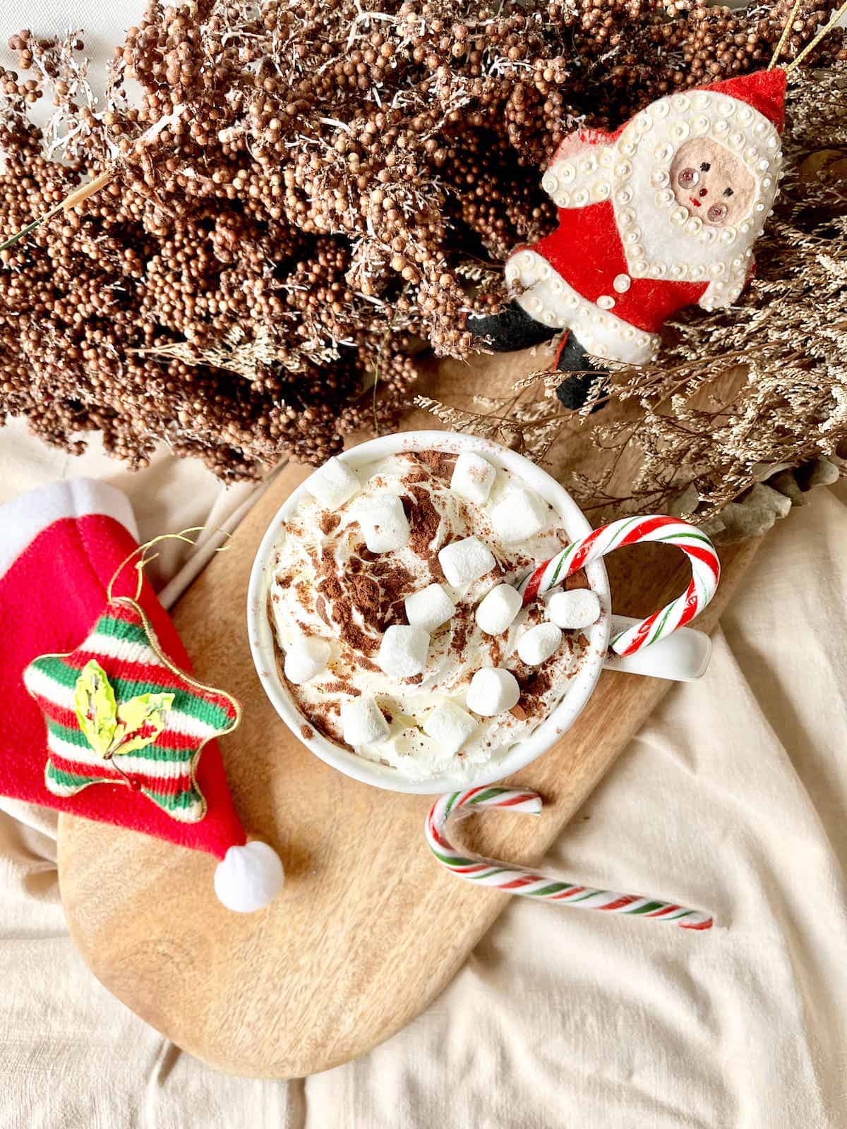 Overhead shot of a mug of hot chocolate with a peppermint cane and whipped Cream.