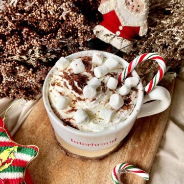 A mug of peppermint hot chocolate with marshmallows, whipper cream and candy canes.