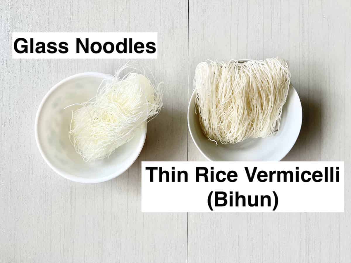 A bundle of cellophane glass noodles next to a bundle of Chinese rice vermicelli noodles.