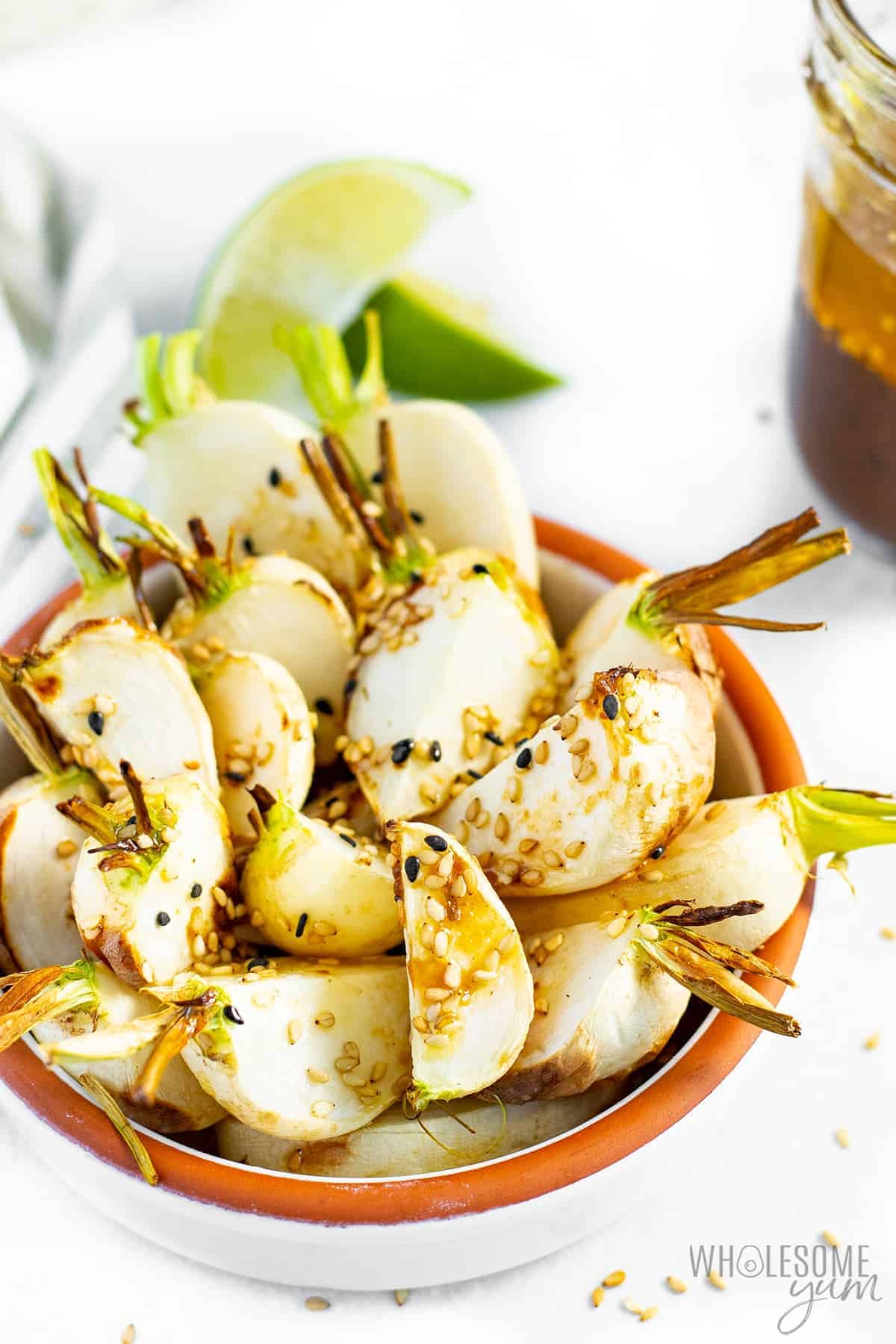 Close-up of a bowl of Japanese turnips.