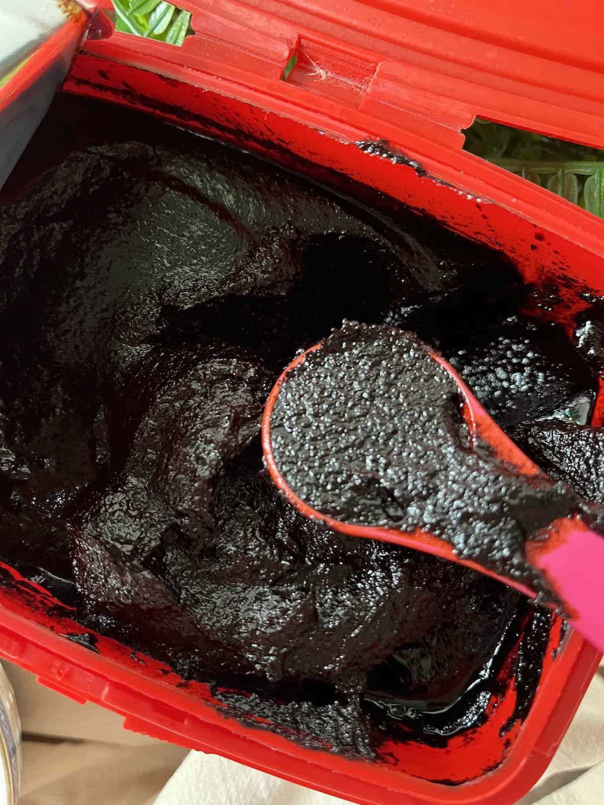 A tub of old Gochujang that has turned black.
