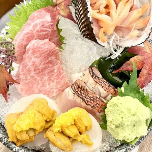 A platter of different types of Japanese sashimi and wasabi.