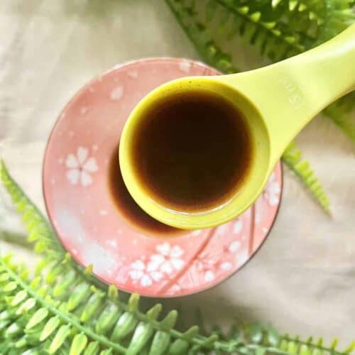 A spoonful of Chinese black vinegar up close.