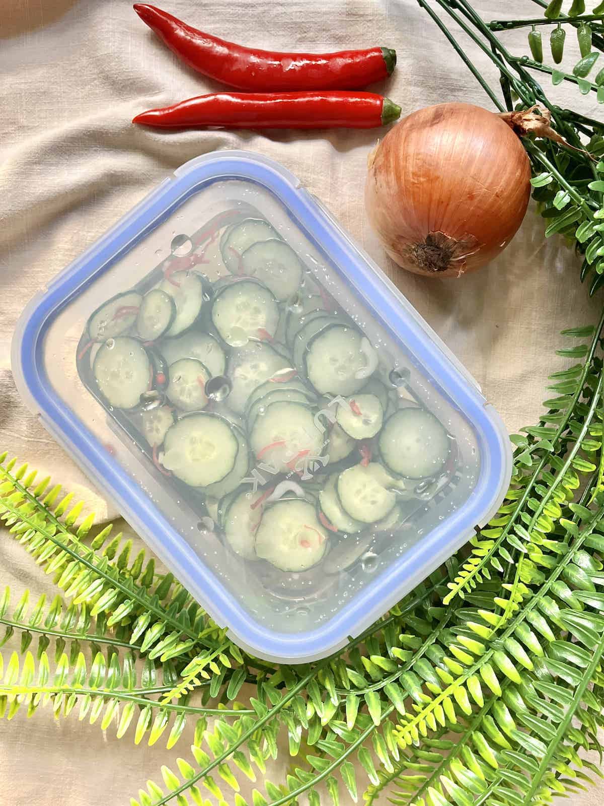 Sliced cucumbers in a glass container from Ikea.