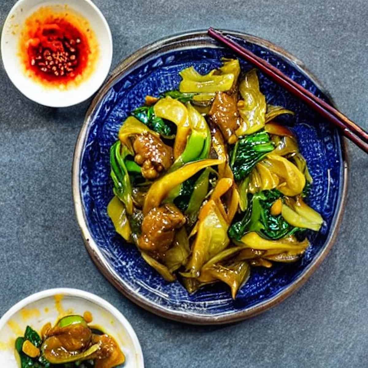 Stir-fried Asian veggies on a blue plate next to chili sauce.