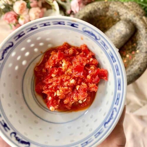 Close-up of a bowl of homemade red sambal oelek.