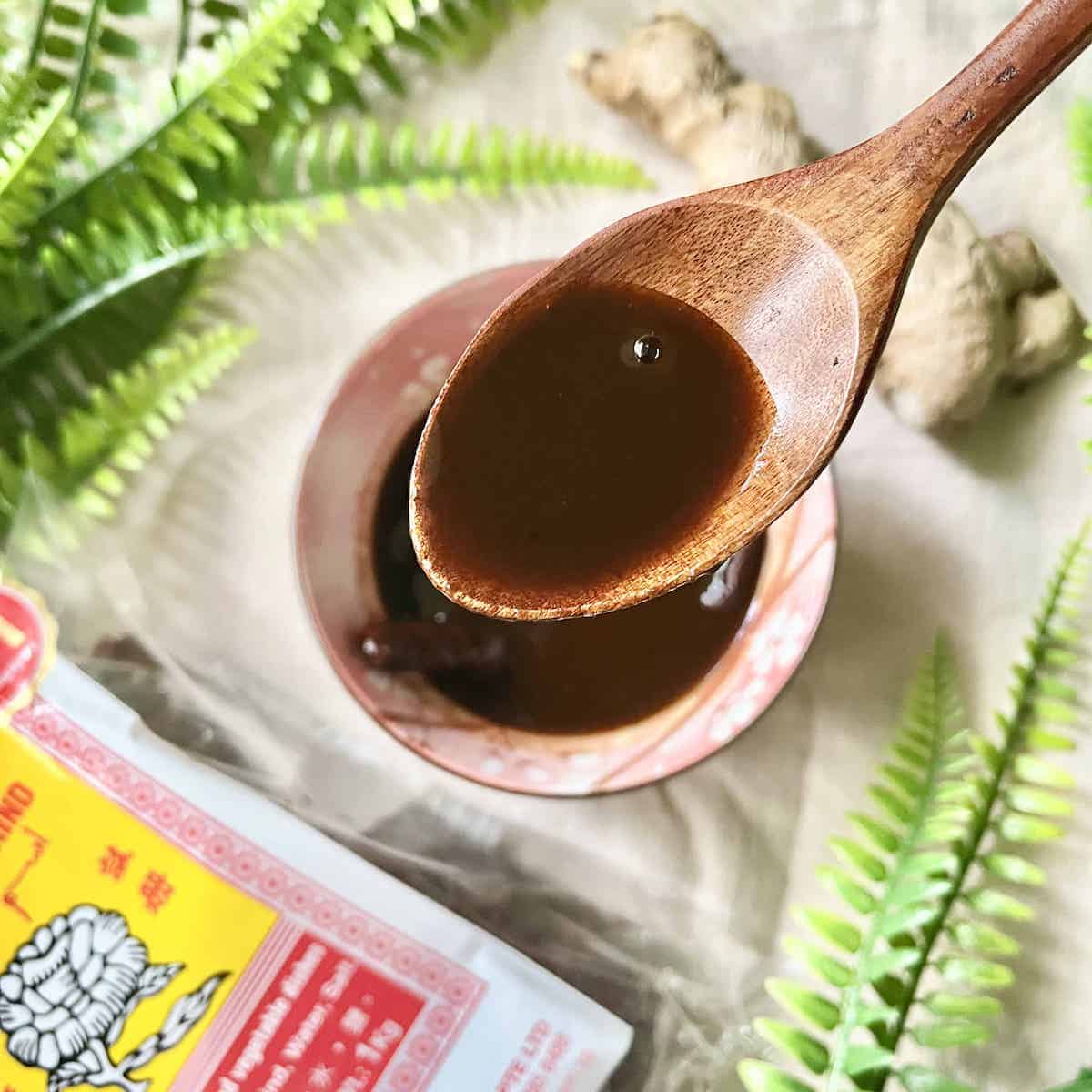 A wooden spoon scooping Indian tamarind chutney.