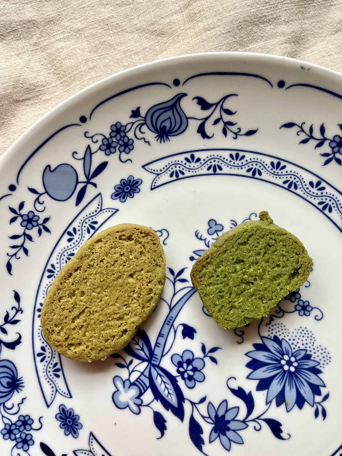 Green tea cookie on the left next to a matcha cookie.