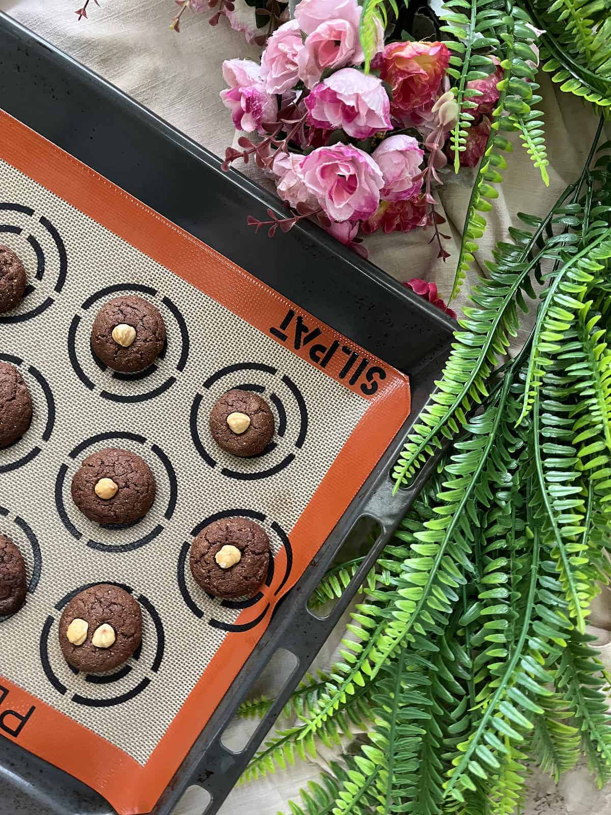 A tray of dry, hard, cracked hazelnut chocolate cookies made with too much flour.