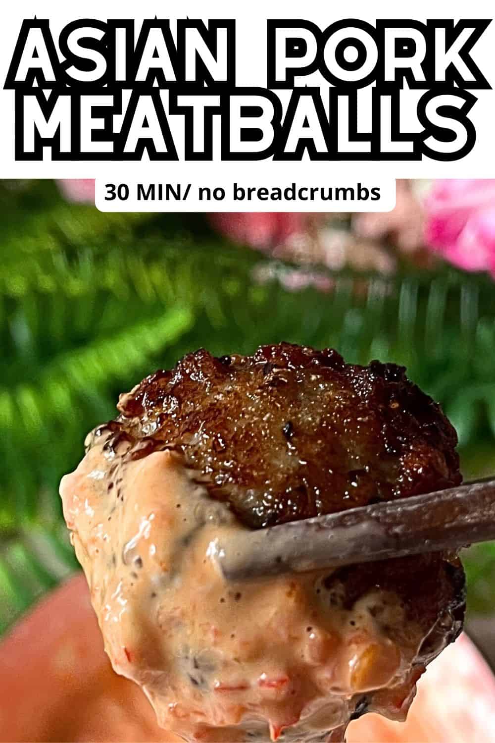 Asian Pork Meatball dipped in sauce with text above.