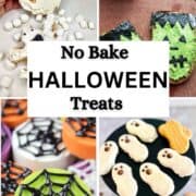 4 No Bake Halloween snacks- ghosts, monsters and spiders- in a Pinterest collage.
