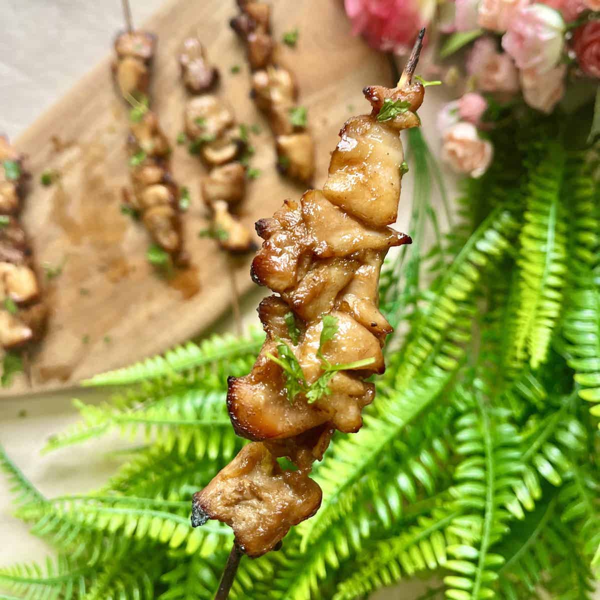 Close-up of a Chinese chicken satay stick.