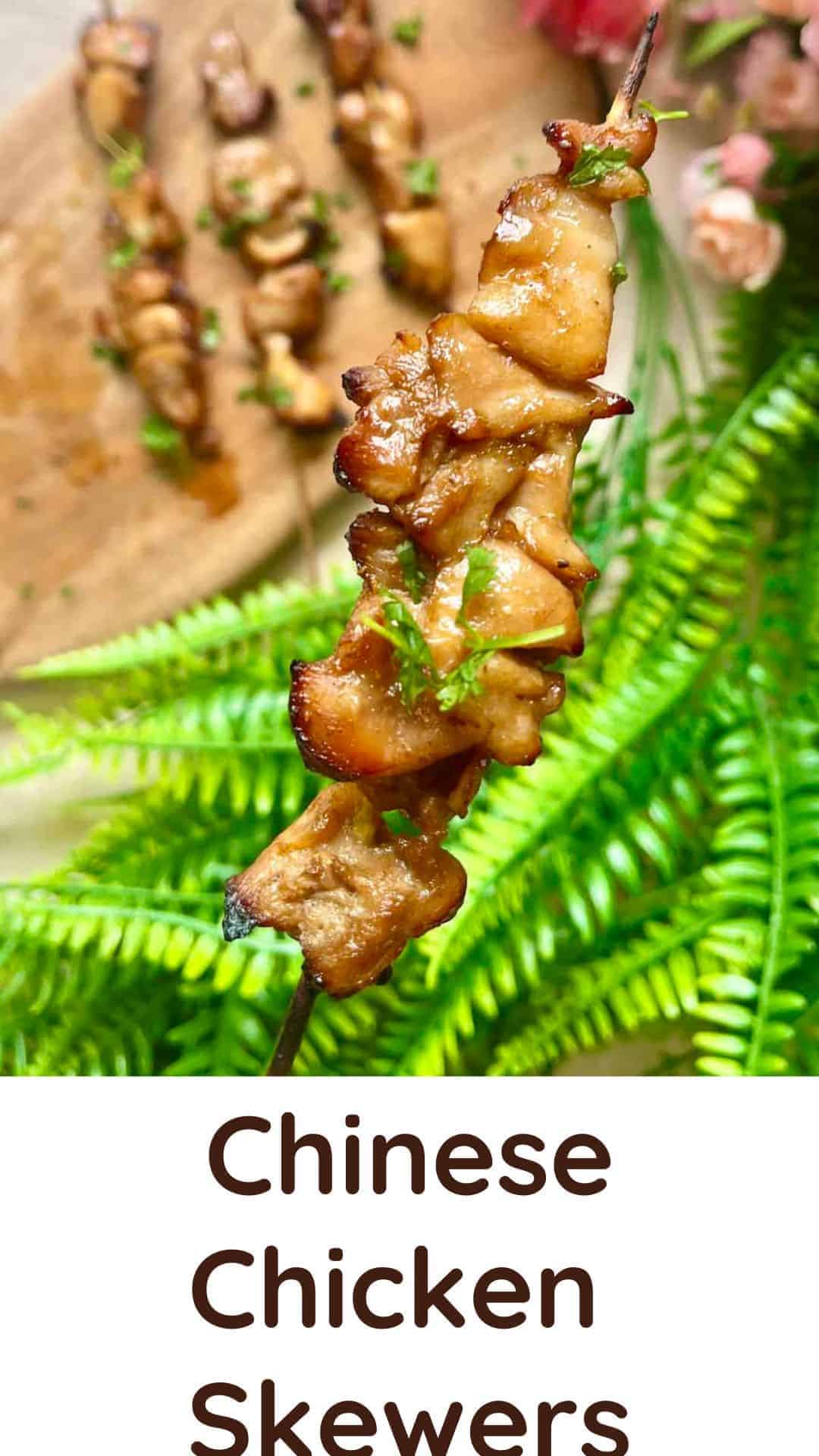 Close-up of Chinese chicken on a stick with text underneath.