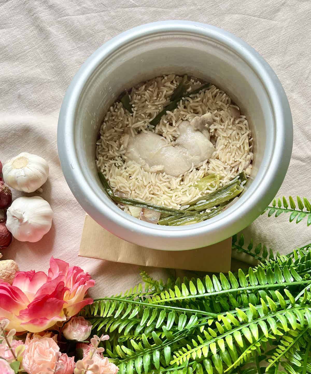 Singapore Chicken Rice in a Rice Cooker Pot.