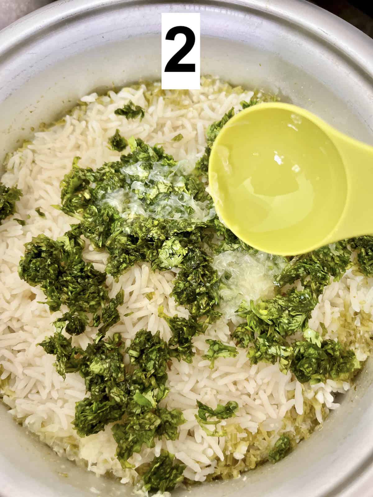 Adding lime juice and minced cilantro the cooked rice.