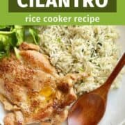 Cilantro lime rice and chicken on a white plate with the words "Lime Rice Cilantro".