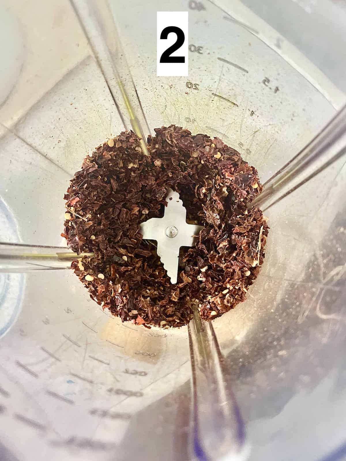 Dried red chili flakes after blending for 1 minute.