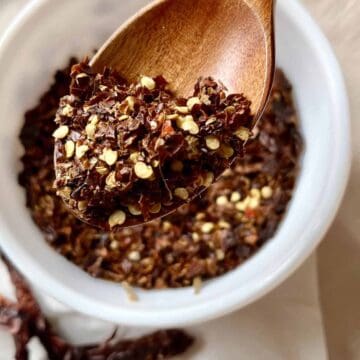 Close-up of homemade red chili flakes.