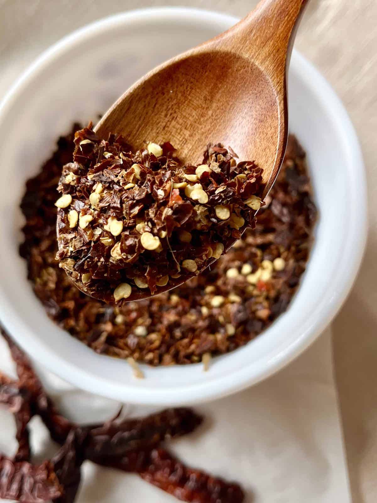 Close-up of homemade red chili flakes.