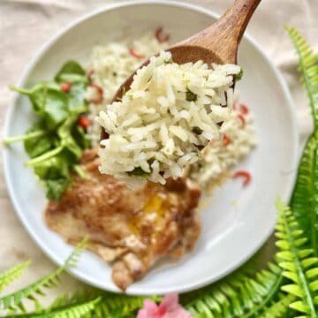 A spoonful of homemade Chipotle copycat cilantro lime rice.