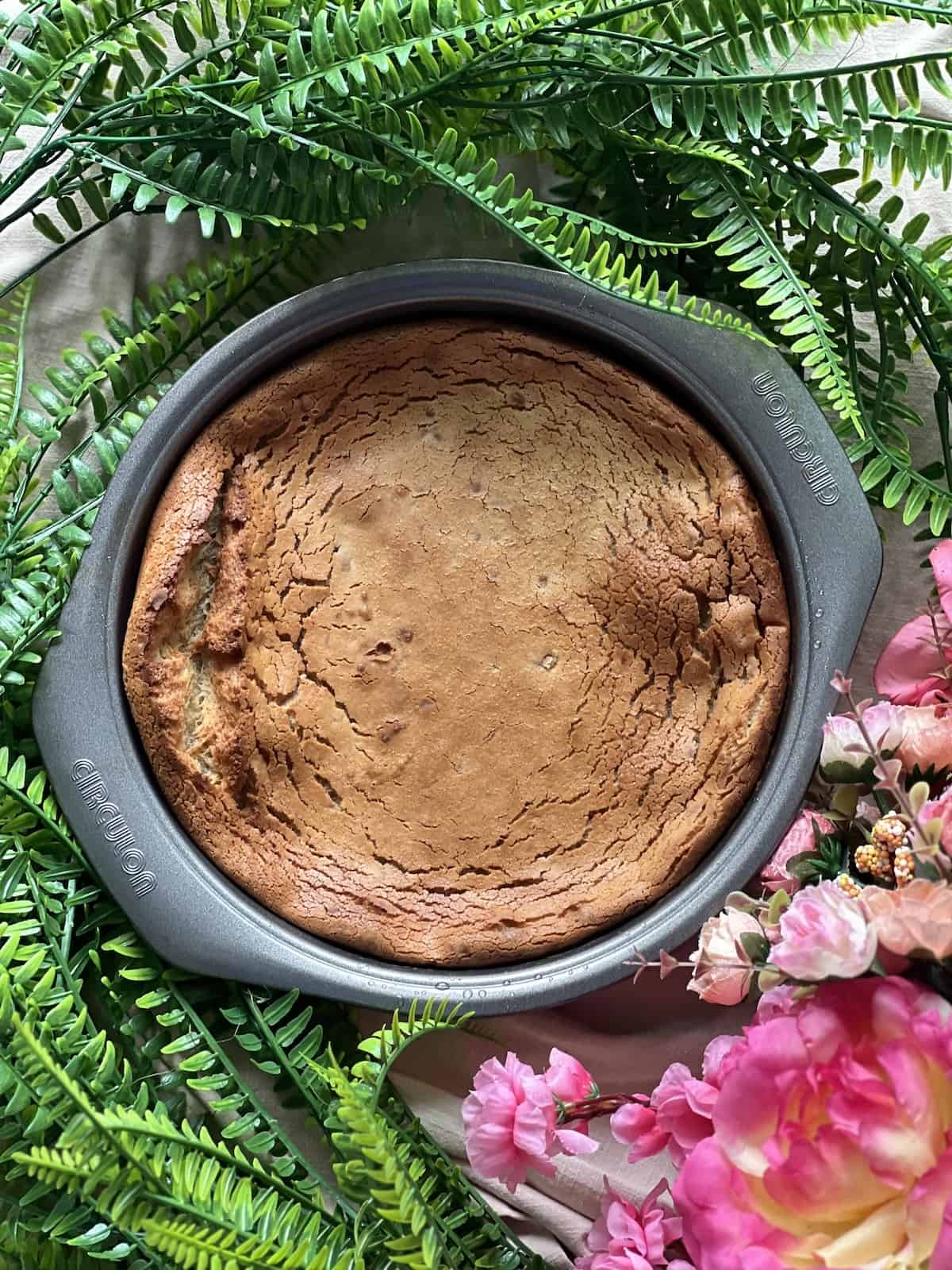 Baked Chinese New Year Nian Gao Cake dessert next to foliage.