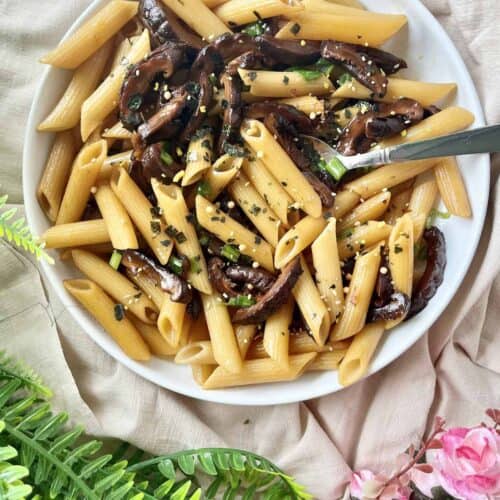 A plate full of penne teriyaki pasta with furikake topping.
