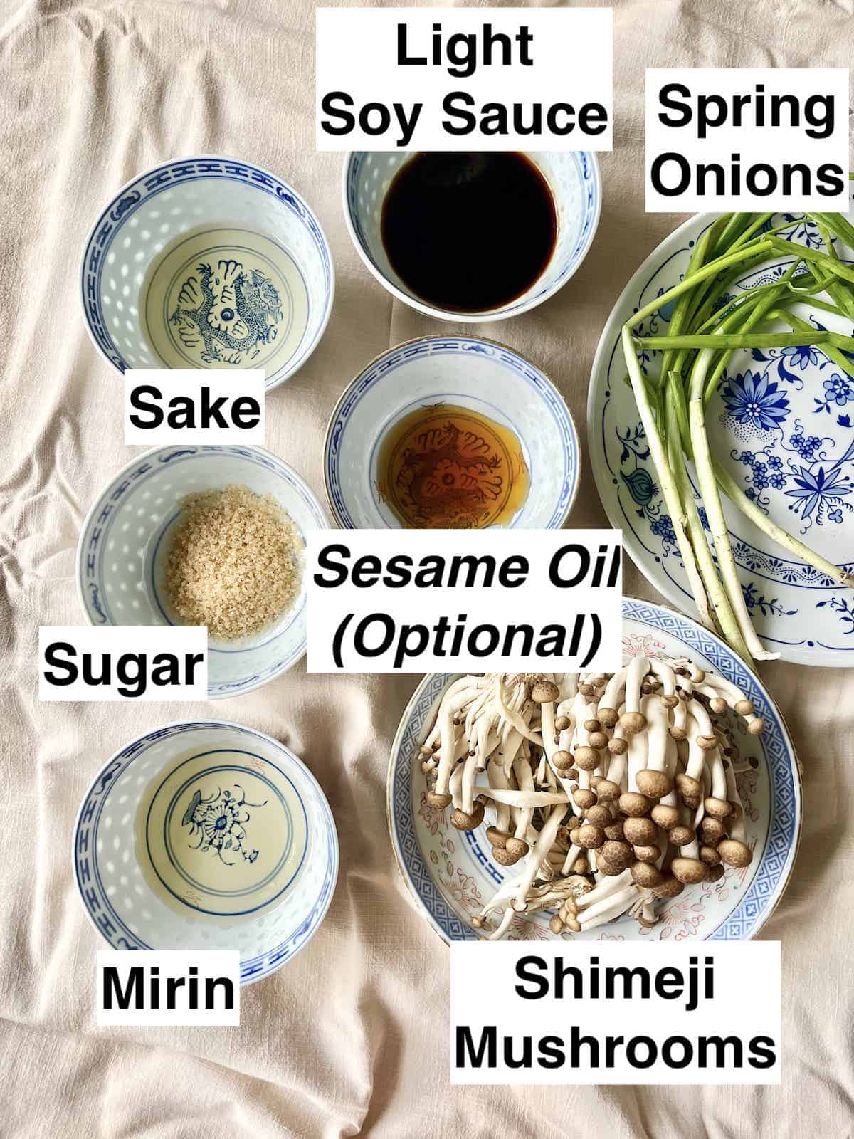 The ingredients for teriyaki mushrooms on a linen cloth.