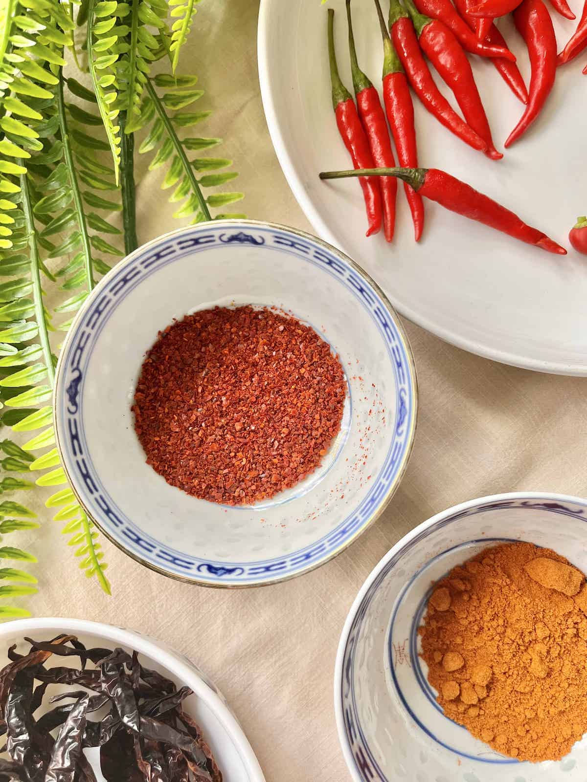 A bowl of chili powder, Korean chili flakes, dried chilies, and fresh bird eye chilies.