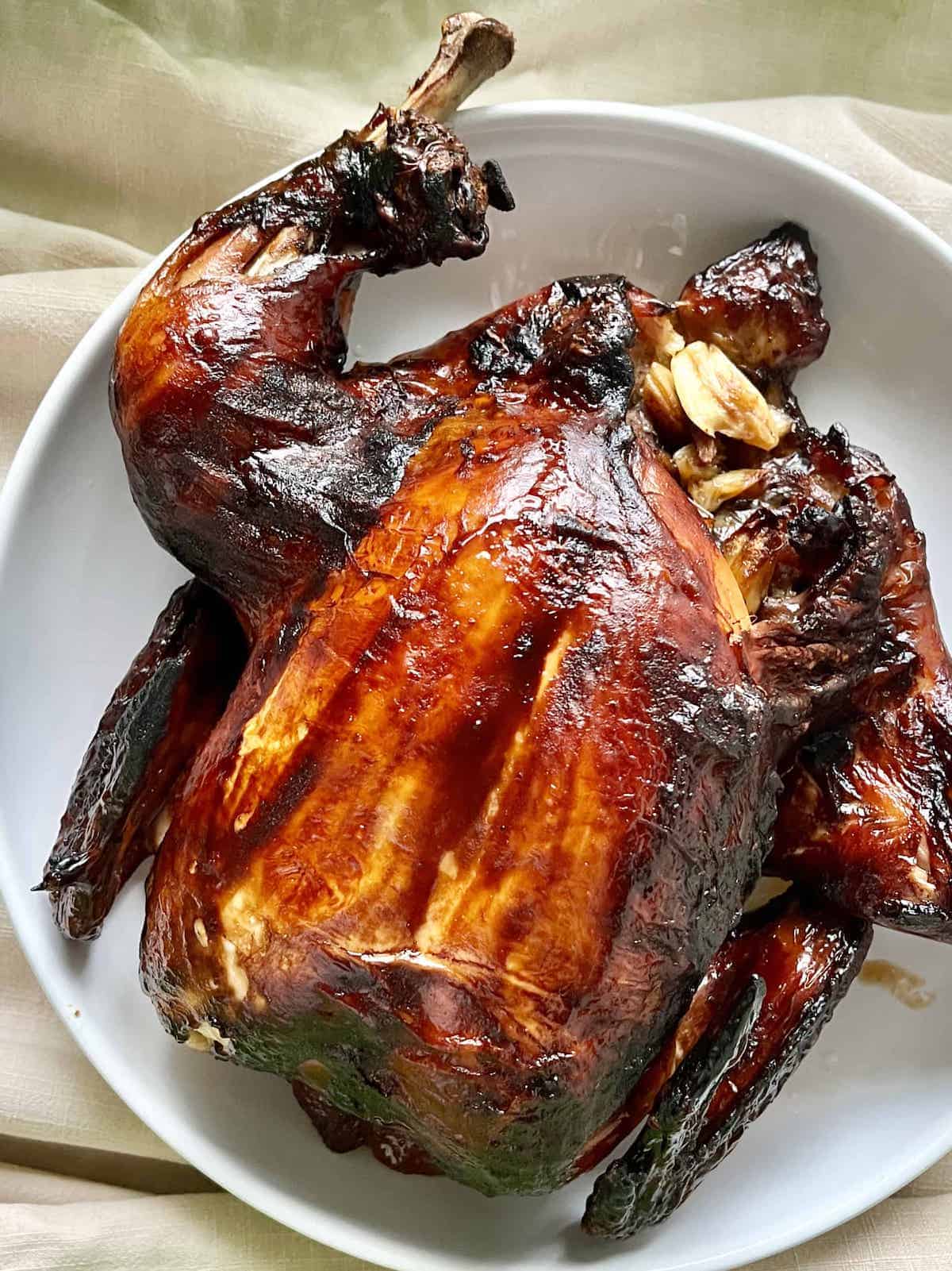 Close-up of Chinese roast chicken, with charred bits.