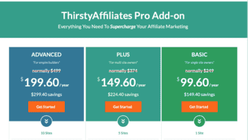 Pricing for 3 different Thirsty Affiliates Pro plug-in licenses.