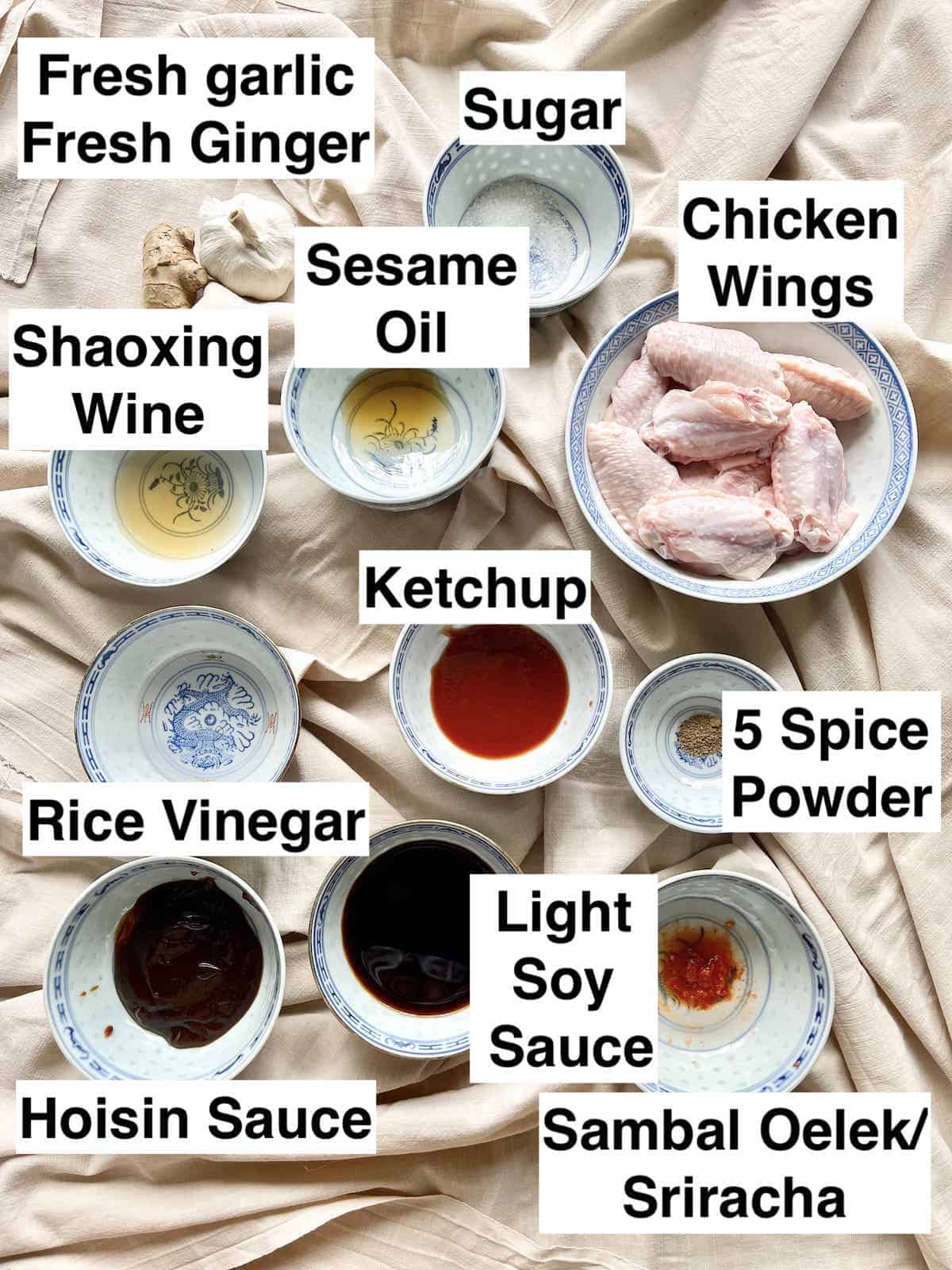 The ingredients for Hoisin Wings in Chiense porcelain bowls.