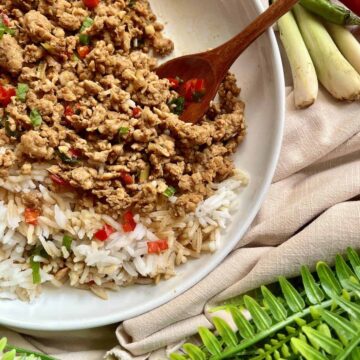 A wooden spoon scooping up stir-fried minced chicken, with fresh cut sliced chili, and rice.