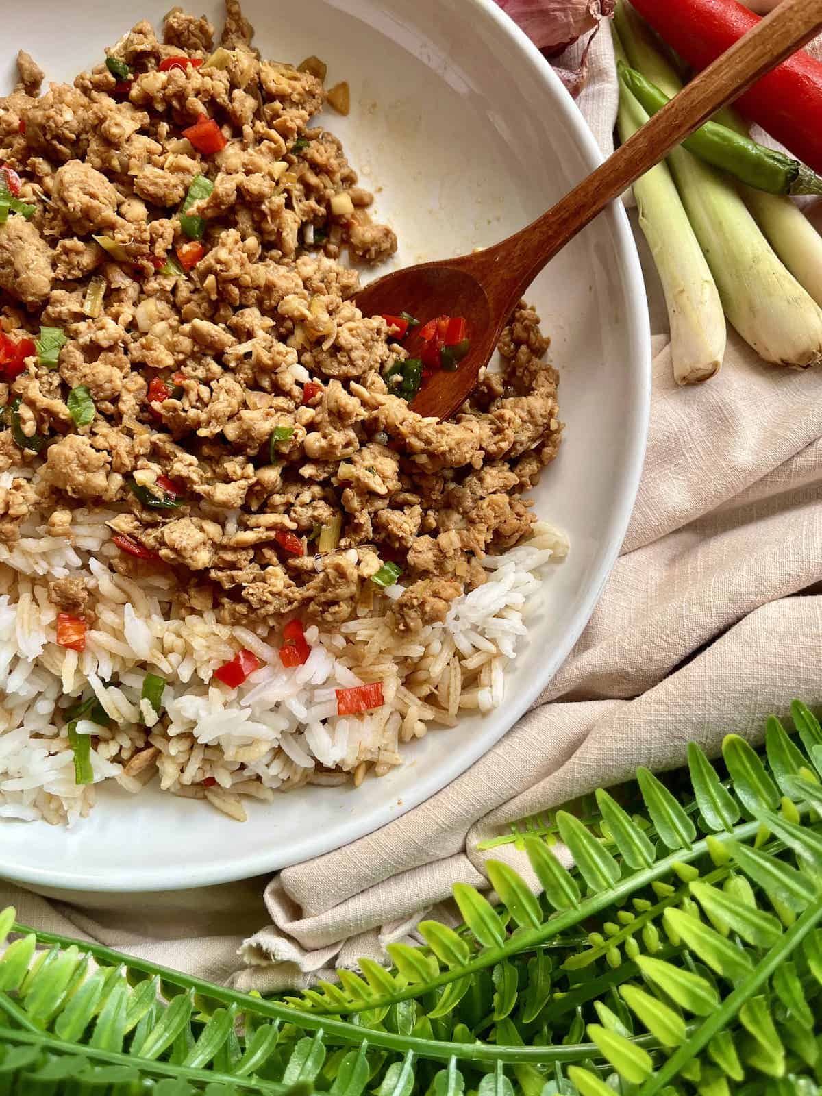 A wooden spoon scooping up stir-fried minced chicken, with fresh cut sliced chili, and rice.