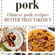 6 types of Chinese pork recipes around a white box with text.