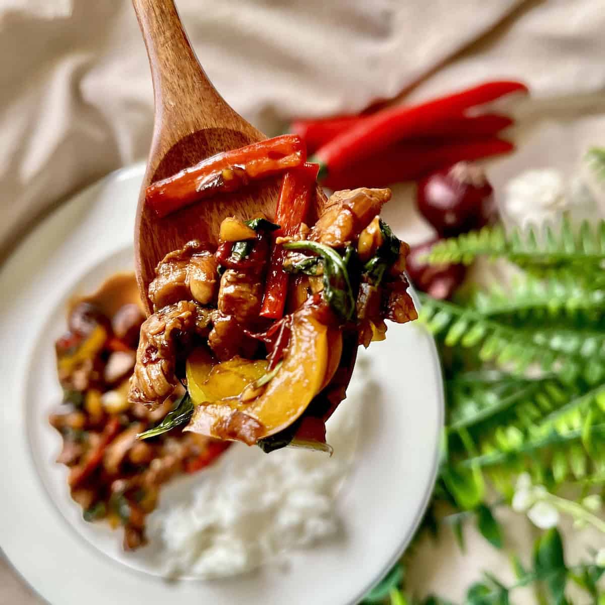 A spoonful of Thai Basil Chicken with capsicum, red chilies, and rice.
