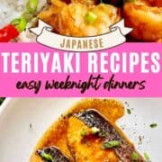Teriyaki Shrimp and 2 Teriyaki Salmon fillets above and below a pink text box.