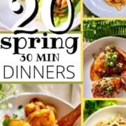Several quick Asian spring meals such as teriyaki shrimp, lo mein, Thai lettuce wraps with text in between.