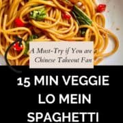 A plate of Lo Mein Spaghetti Noodles and veggies with text underneath.