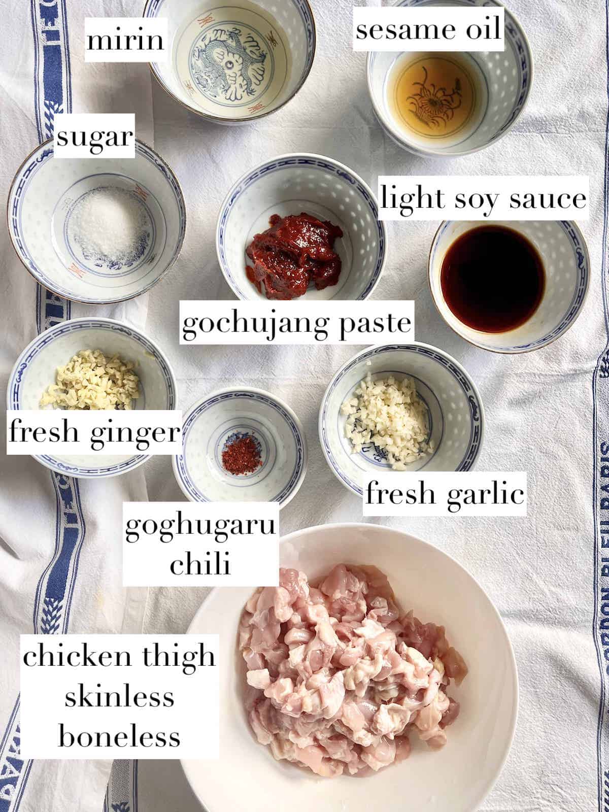 Labelled ingredients needed to make Korean Gochujang Chicken Lettuce Wrap.