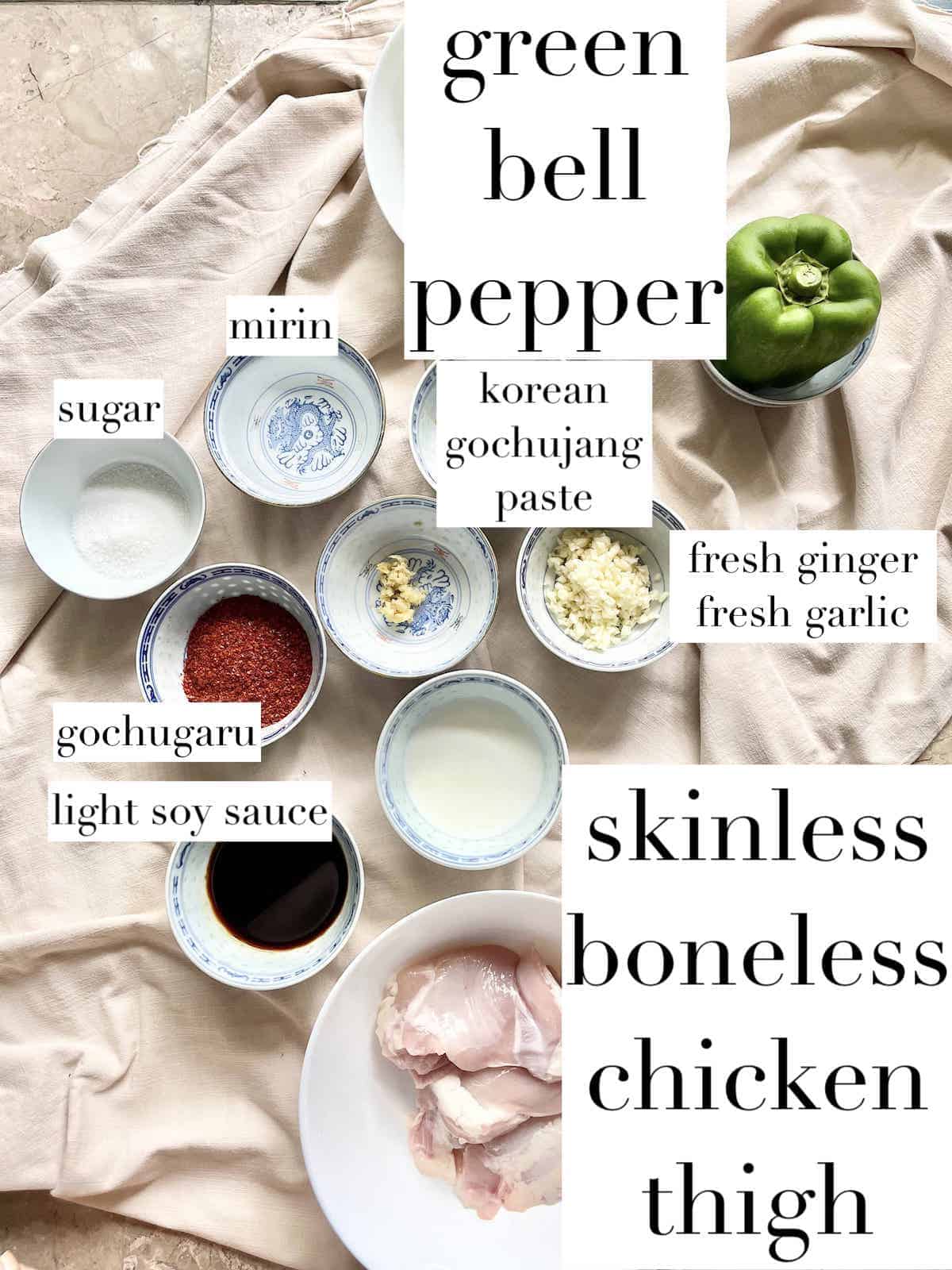 Labelled ingredients for spicy Korean chicken thighs.