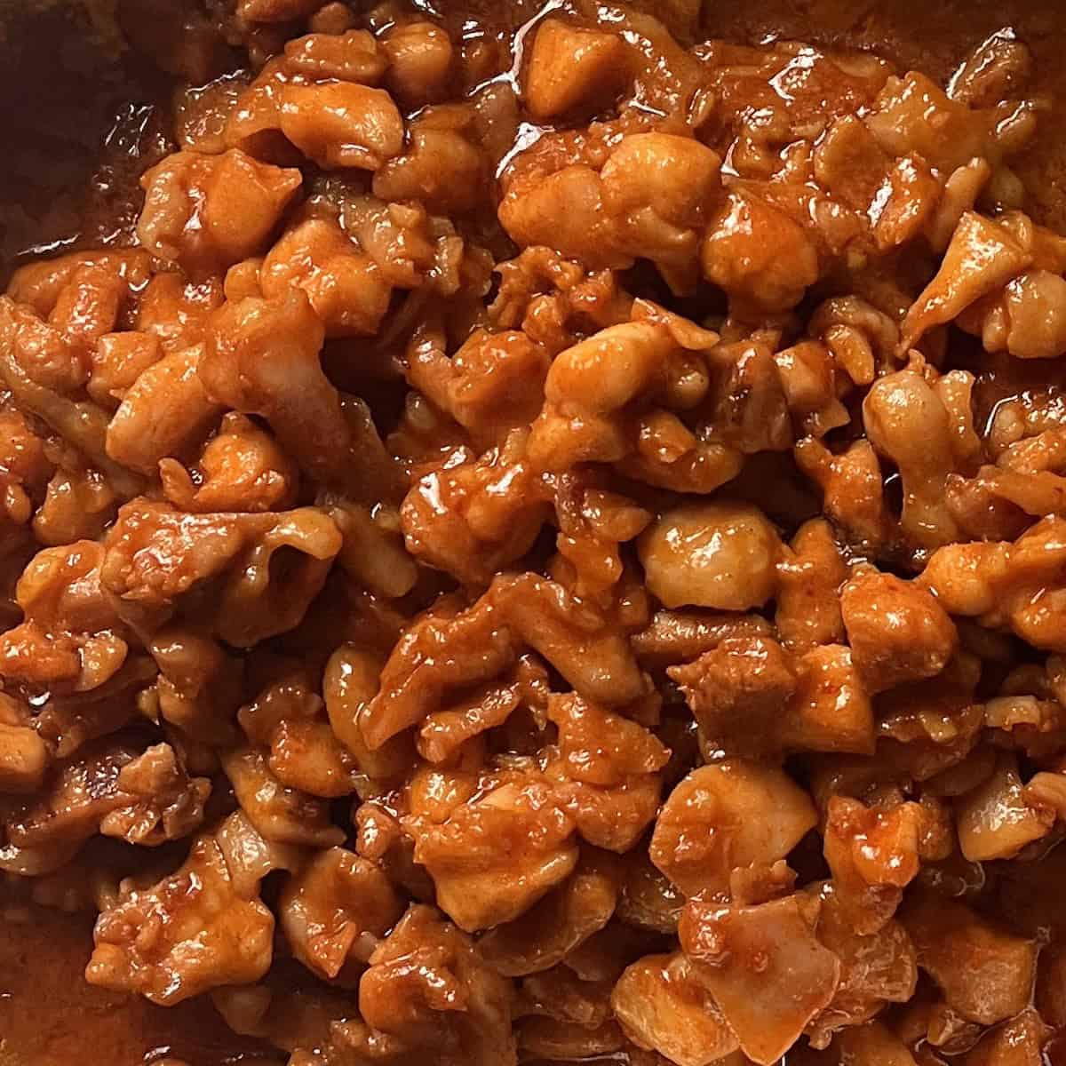 Close-up of gochujang chicken thighs stir fry,