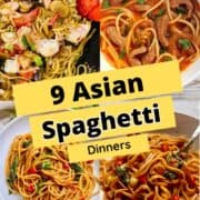 4 different types of Asian style spaghetti noodle dinners.
