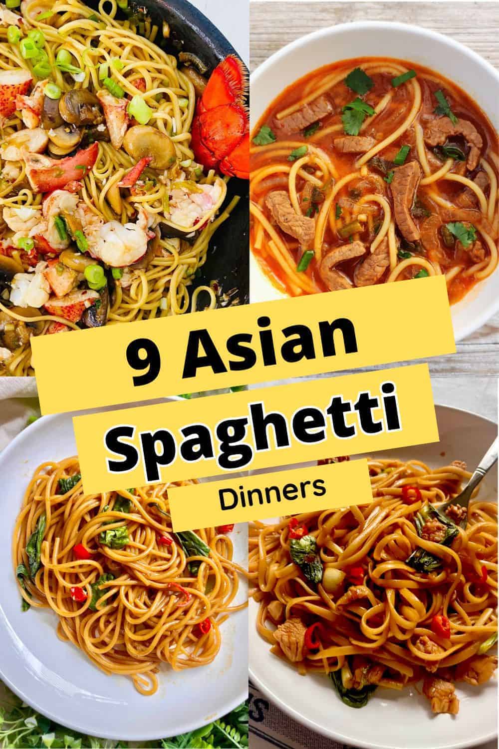 4 different types of Asian style spaghetti noodle dinners.