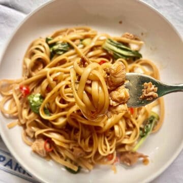 Using a fork to pick up chicken lo mein spaghetti noodles and bok choy.