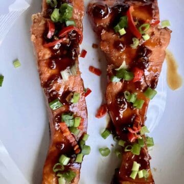 Asian glazed salmon with honey garlic soy sauce.